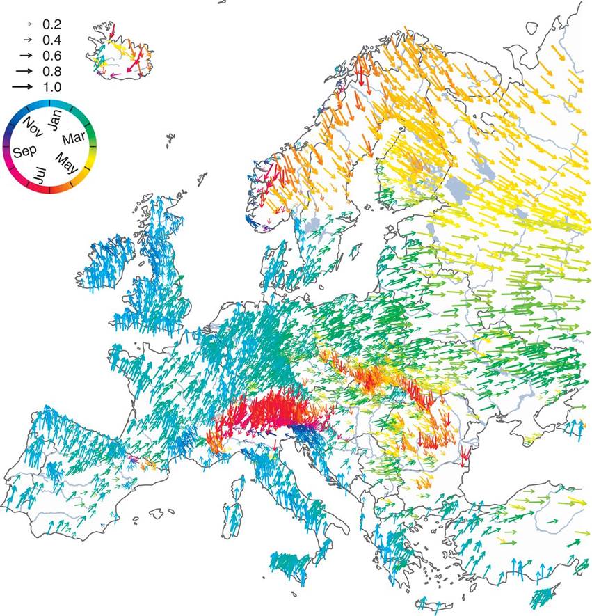 Observed average timing of river floods in Europe, 1960–2010